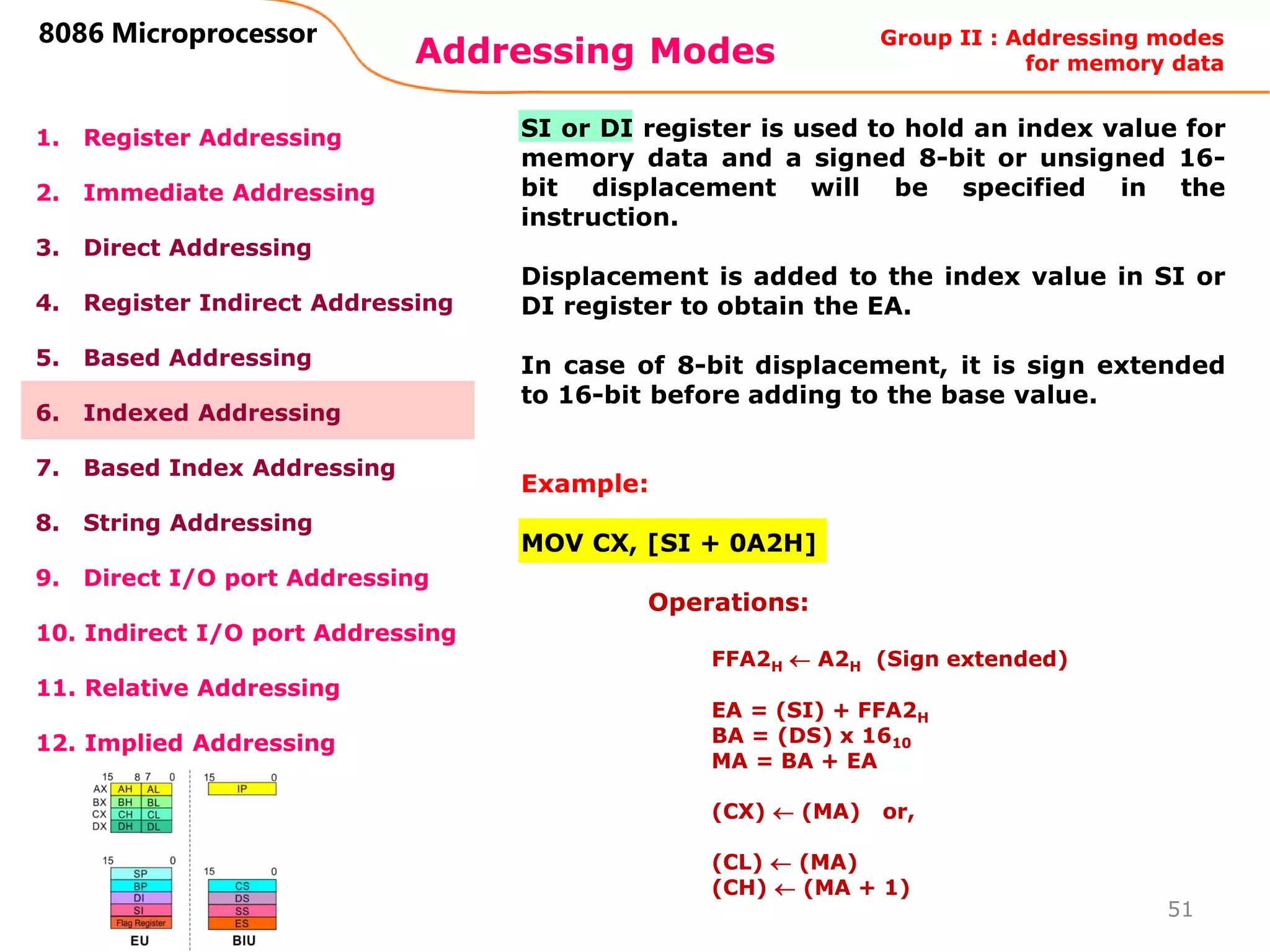 Addressing Modes
51
8086 Microprocessor
1. Register Addressing
2. Immediate Addressing
3. Direct Addressing
4. Register Indirect Addressing
5. Based Addressing
6. Indexed Addressing
7. Based Index Addressing
8. String Addressing
9. Direct I/O port Addressing
10. Indirect I/O port Addressing
11. Relative Addressing
12. Implied Addressing
SI or DI register is used to hold an index value for
memory data and a signed 8-bit or unsigned 16-
bit displacement will be specified in the
instruction.
Displacement is added to the index value in SI or
DI register to obtain the EA.
In case of 8-bit displacement, it is sign extended
to 16-bit before adding to the base value.
Example:
MOV CX, [SI + 0A2H]
Operations:
FFA2H  A2H (Sign extended)
EA = (SI) + FFA2H
BA = (DS) x 1610
MA = BA + EA
(CX)  (MA) or,
(CL)  (MA)
(CH)  (MA + 1)
Group II : Addressing modes
for memory data
 