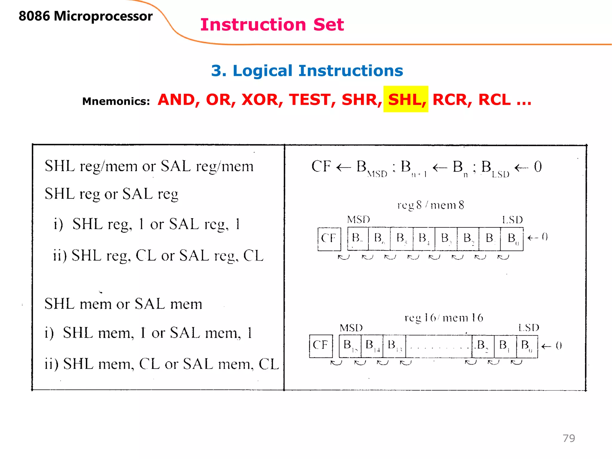 3. Logical Instructions
Instruction Set
79
8086 Microprocessor
Mnemonics: AND, OR, XOR, TEST, SHR, SHL, RCR, RCL …
 