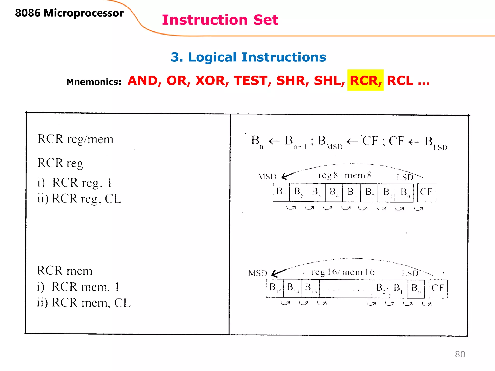3. Logical Instructions
Instruction Set
80
8086 Microprocessor
Mnemonics: AND, OR, XOR, TEST, SHR, SHL, RCR, RCL …
 