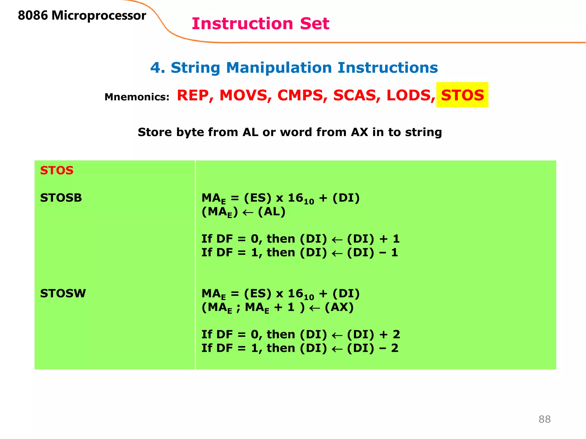 4. String Manipulation Instructions
Instruction Set
88
8086 Microprocessor
Mnemonics: REP, MOVS, CMPS, SCAS, LODS, STOS
STOS
STOSB
STOSW
MAE = (ES) x 1610 + (DI)
(MAE)  (AL)
If DF = 0, then (DI)  (DI) + 1
If DF = 1, then (DI)  (DI) – 1
MAE = (ES) x 1610 + (DI)
(MAE ; MAE + 1 )  (AX)
If DF = 0, then (DI)  (DI) + 2
If DF = 1, then (DI)  (DI) – 2
Store byte from AL or word from AX in to string
 