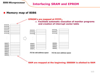 Interfacing SRAM and EPROM
113
8086 Microprocessor
Memory map of 8086
RAM are mapped at the beginning; 00000H is allotted to RAM
EPROM’s are mapped at FFFFFH
 Facilitate automatic execution of monitor programs
and creation of interrupt vector table
 