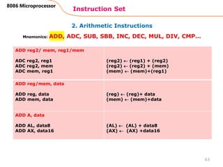2. Arithmetic Instructions
Instruction Set
63
8086 Microprocessor
Mnemonics: ADD, ADC, SUB, SBB, INC, DEC, MUL, DIV, CMP…
ADD reg2/ mem, reg1/mem
ADC reg2, reg1
ADC reg2, mem
ADC mem, reg1
(reg2)  (reg1) + (reg2)
(reg2)  (reg2) + (mem)
(mem)  (mem)+(reg1)
ADD reg/mem, data
ADD reg, data
ADD mem, data
(reg)  (reg)+ data
(mem)  (mem)+data
ADD A, data
ADD AL, data8
ADD AX, data16
(AL)  (AL) + data8
(AX)  (AX) +data16
 