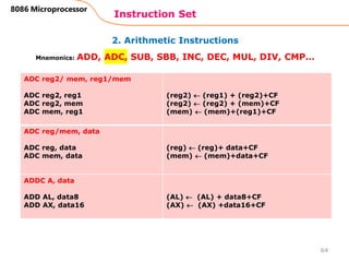 2. Arithmetic Instructions
Instruction Set
64
8086 Microprocessor
Mnemonics: ADD, ADC, SUB, SBB, INC, DEC, MUL, DIV, CMP…
ADC reg2/ mem, reg1/mem
ADC reg2, reg1
ADC reg2, mem
ADC mem, reg1
(reg2)  (reg1) + (reg2)+CF
(reg2)  (reg2) + (mem)+CF
(mem)  (mem)+(reg1)+CF
ADC reg/mem, data
ADC reg, data
ADC mem, data
(reg)  (reg)+ data+CF
(mem)  (mem)+data+CF
ADDC A, data
ADD AL, data8
ADD AX, data16
(AL)  (AL) + data8+CF
(AX)  (AX) +data16+CF
 