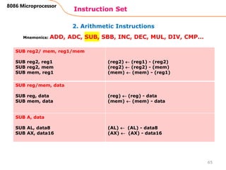 2. Arithmetic Instructions
Instruction Set
65
8086 Microprocessor
Mnemonics: ADD, ADC, SUB, SBB, INC, DEC, MUL, DIV, CMP…
SUB reg2/ mem, reg1/mem
SUB reg2, reg1
SUB reg2, mem
SUB mem, reg1
(reg2)  (reg1) - (reg2)
(reg2)  (reg2) - (mem)
(mem)  (mem) - (reg1)
SUB reg/mem, data
SUB reg, data
SUB mem, data
(reg)  (reg) - data
(mem)  (mem) - data
SUB A, data
SUB AL, data8
SUB AX, data16
(AL)  (AL) - data8
(AX)  (AX) - data16
 