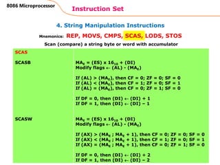 4. String Manipulation Instructions
Instruction Set
86
8086 Microprocessor
Mnemonics: REP, MOVS, CMPS, SCAS, LODS, STOS
SCAS
SCASB
SCASW
MAE = (ES) x 1610 + (DI)
Modify flags  (AL) - (MAE)
If (AL) > (MAE), then CF = 0; ZF = 0; SF = 0
If (AL) < (MAE), then CF = 1; ZF = 0; SF = 1
If (AL) = (MAE), then CF = 0; ZF = 1; SF = 0
If DF = 0, then (DI)  (DI) + 1
If DF = 1, then (DI)  (DI) – 1
MAE = (ES) x 1610 + (DI)
Modify flags  (AL) - (MAE)
If (AX) > (MAE ; MAE + 1), then CF = 0; ZF = 0; SF = 0
If (AX) < (MAE ; MAE + 1), then CF = 1; ZF = 0; SF = 1
If (AX) = (MAE ; MAE + 1), then CF = 0; ZF = 1; SF = 0
If DF = 0, then (DI)  (DI) + 2
If DF = 1, then (DI)  (DI) – 2
Scan (compare) a string byte or word with accumulator
 