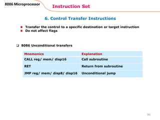6. Control Transfer Instructions
Instruction Set
90
8086 Microprocessor
Transfer the control to a specific destination or target instruction
Do not affect flags
Mnemonics Explanation
CALL reg/ mem/ disp16 Call subroutine
RET Return from subroutine
JMP reg/ mem/ disp8/ disp16 Unconditional jump
 8086 Unconditional transfers
 