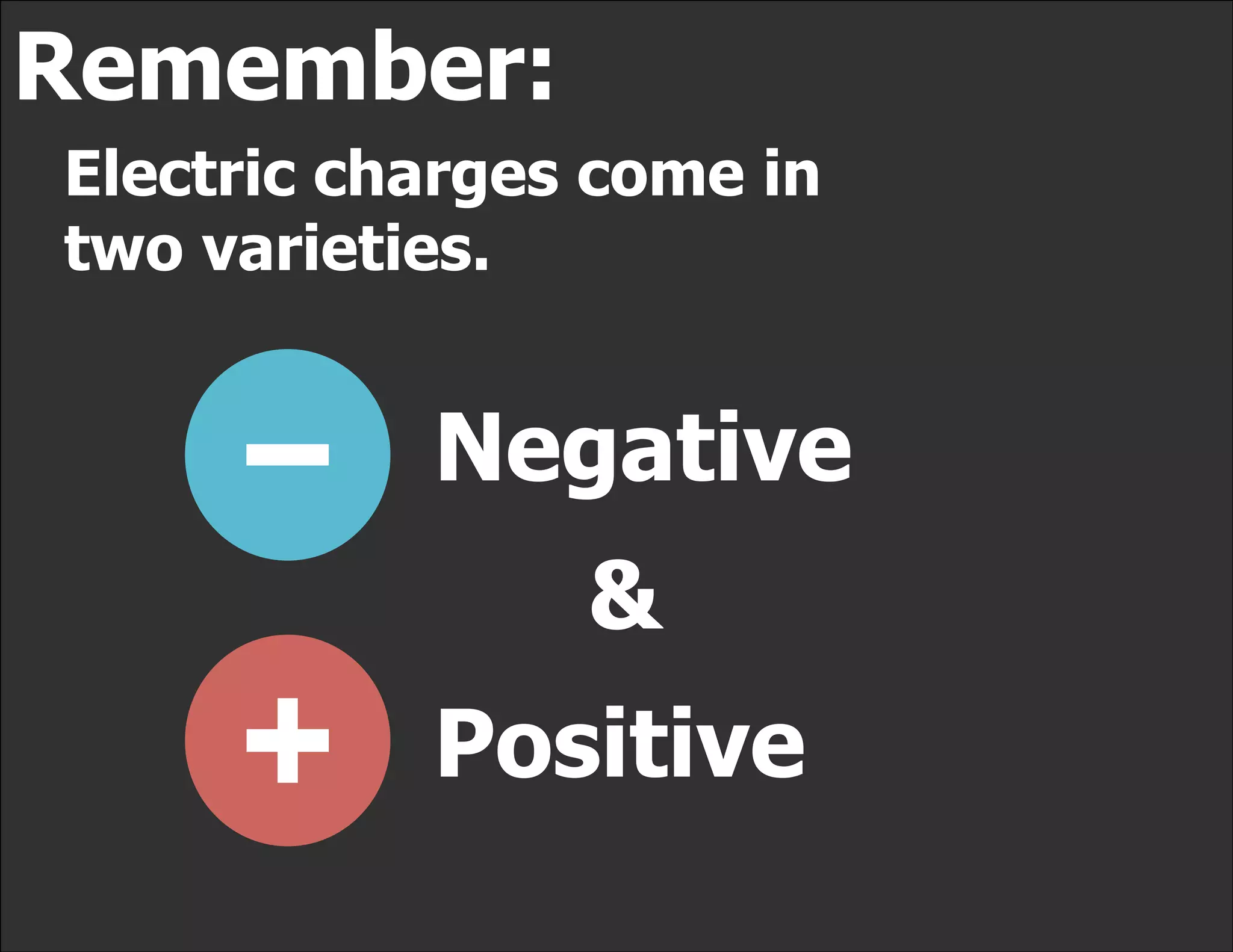 Remember:
Electric charges come in
two varieties.


           Negative
                &
           Positive
 