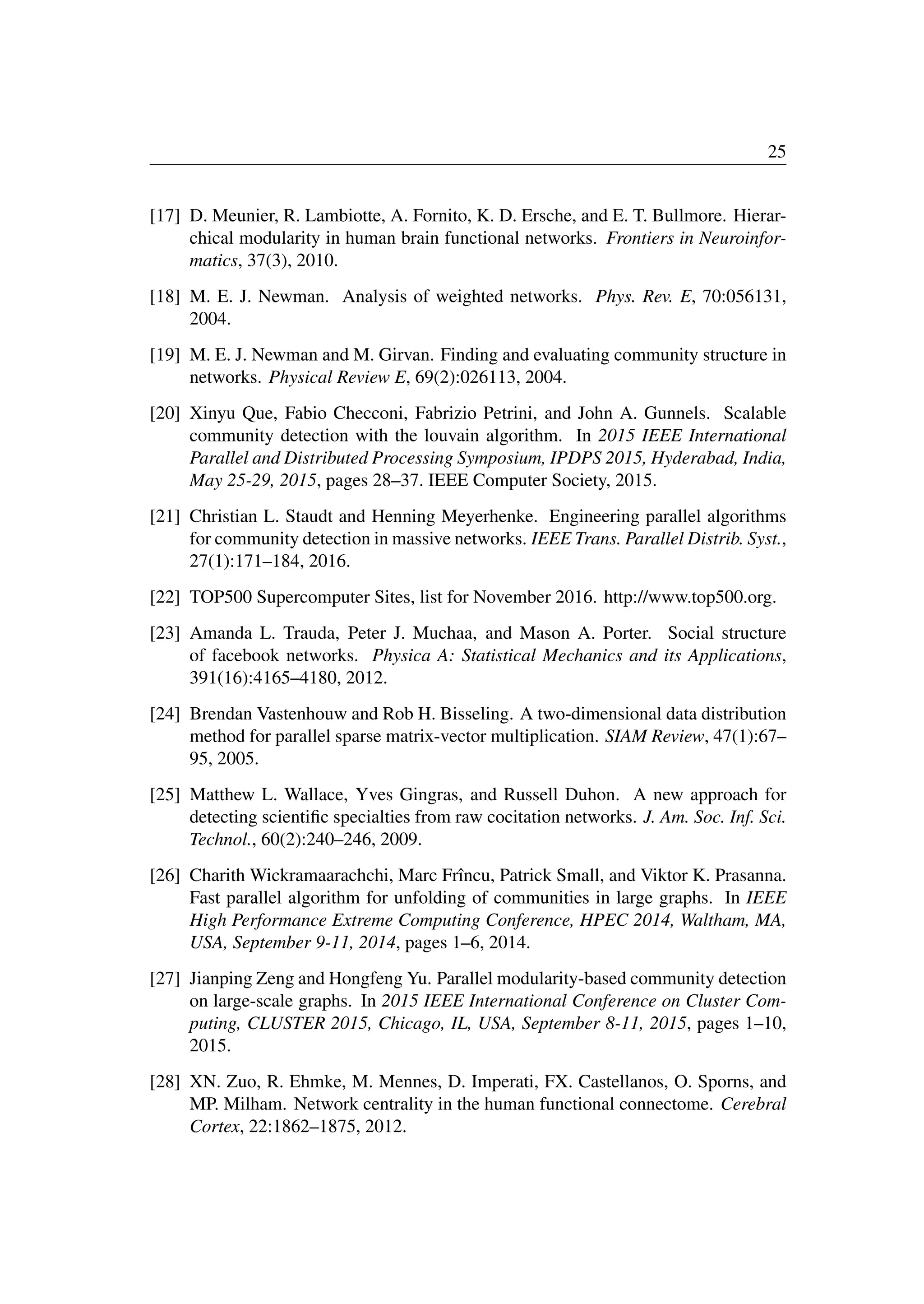 25
[17] D. Meunier, R. Lambiotte, A. Fornito, K. D. Ersche, and E. T. Bullmore. Hierar-
chical modularity in human brain functional networks. Frontiers in Neuroinfor-
matics, 37(3), 2010.
[18] M. E. J. Newman. Analysis of weighted networks. Phys. Rev. E, 70:056131,
2004.
[19] M. E. J. Newman and M. Girvan. Finding and evaluating community structure in
networks. Physical Review E, 69(2):026113, 2004.
[20] Xinyu Que, Fabio Checconi, Fabrizio Petrini, and John A. Gunnels. Scalable
community detection with the louvain algorithm. In 2015 IEEE International
Parallel and Distributed Processing Symposium, IPDPS 2015, Hyderabad, India,
May 25-29, 2015, pages 28–37. IEEE Computer Society, 2015.
[21] Christian L. Staudt and Henning Meyerhenke. Engineering parallel algorithms
for community detection in massive networks. IEEE Trans. Parallel Distrib. Syst.,
27(1):171–184, 2016.
[22] TOP500 Supercomputer Sites, list for November 2016. http://www.top500.org.
[23] Amanda L. Trauda, Peter J. Muchaa, and Mason A. Porter. Social structure
of facebook networks. Physica A: Statistical Mechanics and its Applications,
391(16):4165–4180, 2012.
[24] Brendan Vastenhouw and Rob H. Bisseling. A two-dimensional data distribution
method for parallel sparse matrix-vector multiplication. SIAM Review, 47(1):67–
95, 2005.
[25] Matthew L. Wallace, Yves Gingras, and Russell Duhon. A new approach for
detecting scientiﬁc specialties from raw cocitation networks. J. Am. Soc. Inf. Sci.
Technol., 60(2):240–246, 2009.
[26] Charith Wickramaarachchi, Marc Frı̂ncu, Patrick Small, and Viktor K. Prasanna.
Fast parallel algorithm for unfolding of communities in large graphs. In IEEE
High Performance Extreme Computing Conference, HPEC 2014, Waltham, MA,
USA, September 9-11, 2014, pages 1–6, 2014.
[27] Jianping Zeng and Hongfeng Yu. Parallel modularity-based community detection
on large-scale graphs. In 2015 IEEE International Conference on Cluster Com-
puting, CLUSTER 2015, Chicago, IL, USA, September 8-11, 2015, pages 1–10,
2015.
[28] XN. Zuo, R. Ehmke, M. Mennes, D. Imperati, FX. Castellanos, O. Sporns, and
MP. Milham. Network centrality in the human functional connectome. Cerebral
Cortex, 22:1862–1875, 2012.
 