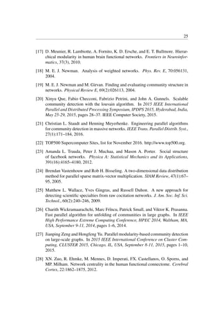 25
[17] D. Meunier, R. Lambiotte, A. Fornito, K. D. Ersche, and E. T. Bullmore. Hierar-
chical modularity in human brain functional networks. Frontiers in Neuroinfor-
matics, 37(3), 2010.
[18] M. E. J. Newman. Analysis of weighted networks. Phys. Rev. E, 70:056131,
2004.
[19] M. E. J. Newman and M. Girvan. Finding and evaluating community structure in
networks. Physical Review E, 69(2):026113, 2004.
[20] Xinyu Que, Fabio Checconi, Fabrizio Petrini, and John A. Gunnels. Scalable
community detection with the louvain algorithm. In 2015 IEEE International
Parallel and Distributed Processing Symposium, IPDPS 2015, Hyderabad, India,
May 25-29, 2015, pages 28–37. IEEE Computer Society, 2015.
[21] Christian L. Staudt and Henning Meyerhenke. Engineering parallel algorithms
for community detection in massive networks. IEEE Trans. Parallel Distrib. Syst.,
27(1):171–184, 2016.
[22] TOP500 Supercomputer Sites, list for November 2016. http://www.top500.org.
[23] Amanda L. Trauda, Peter J. Muchaa, and Mason A. Porter. Social structure
of facebook networks. Physica A: Statistical Mechanics and its Applications,
391(16):4165–4180, 2012.
[24] Brendan Vastenhouw and Rob H. Bisseling. A two-dimensional data distribution
method for parallel sparse matrix-vector multiplication. SIAM Review, 47(1):67–
95, 2005.
[25] Matthew L. Wallace, Yves Gingras, and Russell Duhon. A new approach for
detecting scientiﬁc specialties from raw cocitation networks. J. Am. Soc. Inf. Sci.
Technol., 60(2):240–246, 2009.
[26] Charith Wickramaarachchi, Marc Frı̂ncu, Patrick Small, and Viktor K. Prasanna.
Fast parallel algorithm for unfolding of communities in large graphs. In IEEE
High Performance Extreme Computing Conference, HPEC 2014, Waltham, MA,
USA, September 9-11, 2014, pages 1–6, 2014.
[27] Jianping Zeng and Hongfeng Yu. Parallel modularity-based community detection
on large-scale graphs. In 2015 IEEE International Conference on Cluster Com-
puting, CLUSTER 2015, Chicago, IL, USA, September 8-11, 2015, pages 1–10,
2015.
[28] XN. Zuo, R. Ehmke, M. Mennes, D. Imperati, FX. Castellanos, O. Sporns, and
MP. Milham. Network centrality in the human functional connectome. Cerebral
Cortex, 22:1862–1875, 2012.
 