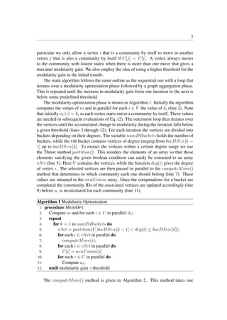 7
particular we only allow a vertex i that is a community by itself to move to another
vertex j that is also a community by itself if C[j]  C[i]. A vertex always moves
to the community with lowest index when there is more than one move that gives a
maximal modularity gain. We also employ the idea of using a higher threshold for the
modularity gain in the initial rounds.
The main algorithm follows the same outline as the sequential one with a loop that
iterates over a modularity optimization phase followed by a graph aggregation phase.
This is repeated until the increase in modularity gain from one iteration to the next is
below some predeﬁned threshold.
The modularity optimization phase is shown in Algorithm 1. Initially the algorithm
computes the values of m and in parallel for each i ∈ V the value of ki (line 2). Note
that initially aC(i) = ki as each vertex starts out as a community by itself. These values
are needed in subsequent evaluations of Eq. (2). The outermost loop then iterates over
the vertices until the accumulated change in modularity during the iteration falls below
a given threshold (lines 3 through 12). For each iteration the vertices are divided into
buckets depending on their degrees. The variable numDBuckets holds the number of
buckets, while the kth bucket contains vertices of degree ranging from bucDSize[k −
1] up to bucDSize[k]. To extract the vertices within a certain degree range we use
the Thrust method partition(). This reorders the elements of an array so that those
elements satisfying the given boolean condition can easily be extracted to an array
vSet (line 5). Here V contains the vertices, while the function deg(i) gives the degree
of vertex i. The selected vertices are then passed in parallel to the computeMove()
method that determines to which community each one should belong (line 7). These
values are returned in the newComm array. Once the computations for a bucket are
completed the community IDs of the associated vertices are updated accordingly (line
9) before ac is recalculated for each community (line 11).
Algorithm 1 Modularity Optimization
1: procedure MODOPT
2: Compute m and for each i ∈ V in parallel: ki;
3: repeat
4: for k = 1 to numDBuckets do
5: vSet = partition(V, bucDSize[k − 1]  deg(i) ≤ bucDSize[k]);
6: for each i ∈ vSet in parallel do
7: computeMove(i);
8: for each i ∈ vSet in parallel do
9: C[i] = newComm[i];
10: for each c ∈ C in parallel do
11: Compute ac;
12: until modularity gain threshold
The computeMove() method is given in Algorithm 2. This method takes one
stage
tolerance
 