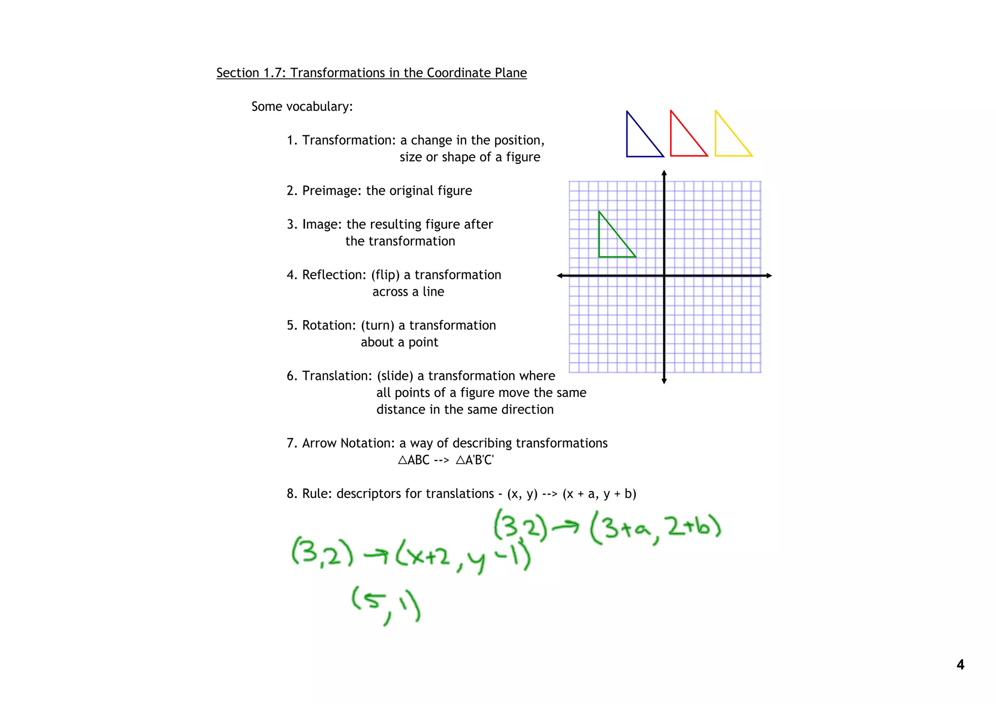 Section 1.7: Transformations in the Coordinate Plane

     Some vocabulary:

           1. Transformation: a change in the position,
                              size or shape of a figure

           2. Preimage: the original figure

           3. Image: the resulting figure after
                     the transformation

           4. Reflection: (flip) a transformation
                          across a line

           5. Rotation: (turn) a transformation
                        about a point

           6. Translation: (slide) a transformation where
                           all points of a figure move the same
                           distance in the same direction

           7. Arrow Notation: a way of describing transformations
                               ABC ‐‐> A'B'C'

           8. Rule: descriptors for translations ‐ (x, y) ‐‐> (x + a, y + b)




                                                                               4
 