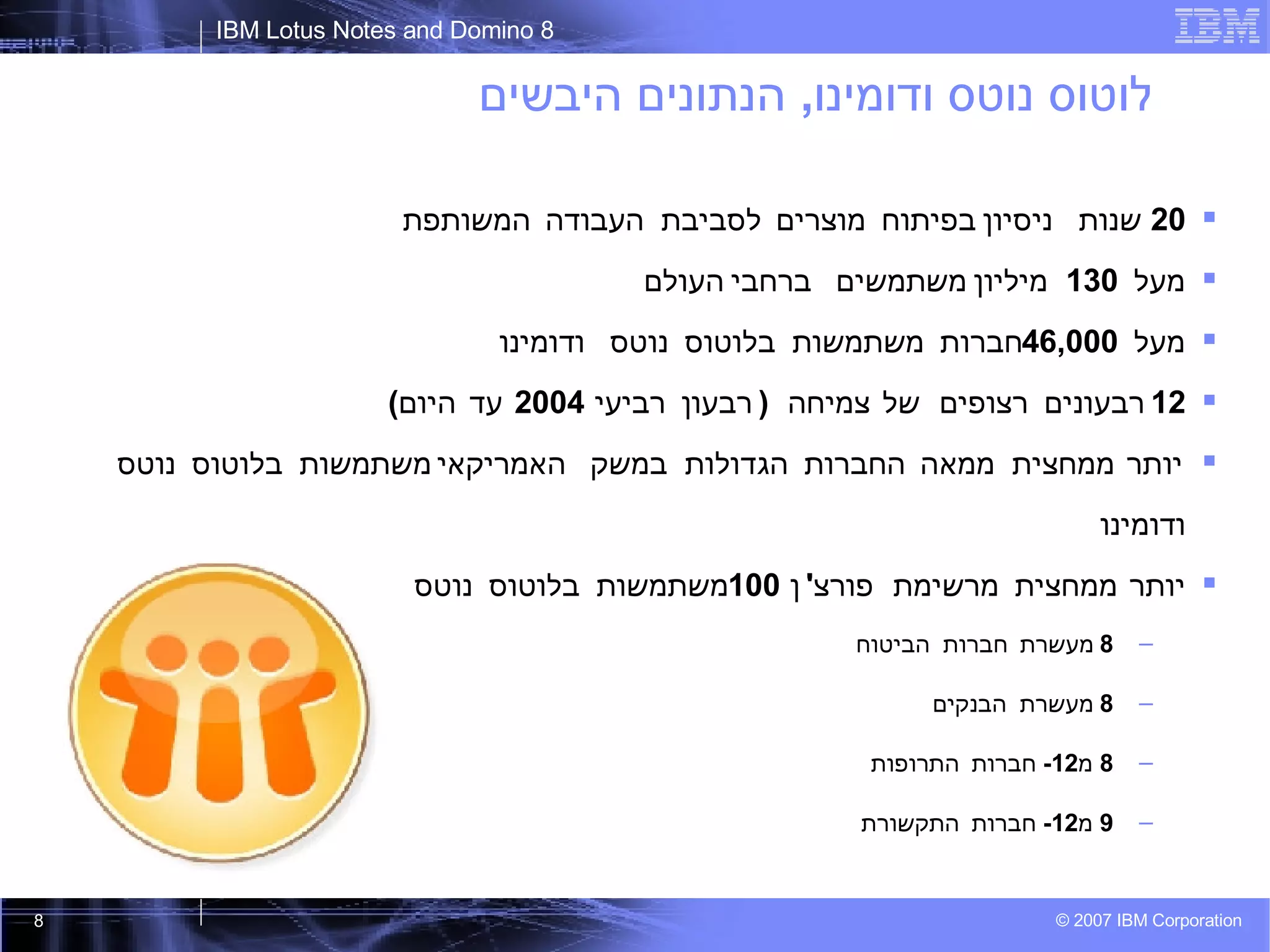 לוטוס נוטס ודומינו ,  הנתונים היבשים 20  שנות ניסיון בפיתוח מוצרים לסביבת העבודה המשותפת מעל  130  מיליון משתמשים ברחבי העולם מעל  46,000  חברות משתמשות בלוטוס נוטס ודומינו 12  רבעונים רצופים של צמיחה  ( רבעון רביעי  2004  עד היום ) יותר ממחצית ממאה החברות הגדולות במשק האמריקאי משתמשות בלוטוס נוטס ודומינו יותר ממחצית מרשימת פורצ ' ן  100  משתמשות בלוטוס נוטס ודומינו 8  מעשרת חברות הביטוח 8  מעשרת הבנקים 8  מ -12  חברות התרופות 9  מ -12  חברות התקשורת 