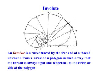 Involute
An Involute is a curve traced by the free end of a thread
unwound from a circle or a polygon in such a way that
the thread is always tight and tangential to the circle or
side of the polygon
 