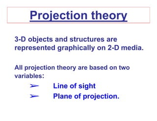 3-D objects and structures are
represented graphically on 2-D media.
All projection theory are based on two
variables:
➢ Line of sight
➢ Plane of projection.
Projection theory
 