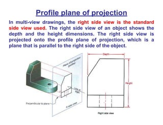 Profile plane of projection
In multi-view drawings, the right side view is the standard
side view used. The right side view of an object shows the
depth and the height dimensions. The right side view is
projected onto the profile plane of projection, which is a
plane that is parallel to the right side of the object.
 