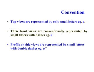 Convention
• Top views are represented by only small letters eg. a.
• Their front views are conventionally represented by
small letters with dashes eg. a´
• Profile or side views are represented by small letters
with double dashes eg. a´´
 
