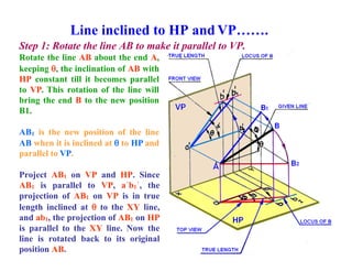 Line inclined to HP and VP…….
Step 1: Rotate the line AB to make it parallel to VP.
Rotate the line AB about the end A,
keeping , the inclination of AB with
HP constant till it becomes parallel
to VP. This rotation of the line will
bring the end B to the new position
B1.
AB1 is the new position of the line
AB when it is inclined at  to HP and
parallel to VP.
Project AB1 on VP and HP. Since
AB1 is parallel to VP, a´b1´, the
projection of AB1 on VP is in true
length inclined at  to the XY line,
and ab1, the projection of AB1 on HP
is parallel to the XY line. Now the
line is rotated back to its original
position AB.
 