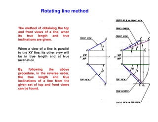 Rotating line method
The method of obtaining the top
and front views of a line, when
its true length and true
inclinations are given.
When a view of a line is parallel
to the XY line, its other view will
be in true length and at true
inclination.
By following the above
procedure, in the reverse order,
the true length and true
inclinations of a line from the
given set of top and front views
can be found.
 