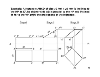 Example: A rectangle ABCD of size 30 mm x 20 mm is inclined to
the HP at 30°. Its shorter side AB is parallel to the HP and inclined
at 45°to the VP. Draw the projections of the rectangle.
13
 