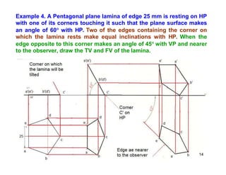 Example 4. A Pentagonal plane lamina of edge 25 mm is resting on HP
with one of its corners touching it such that the plane surface makes
an angle of 60 with HP. Two of the edges containing the corner on
which the lamina rests make equal inclinations with HP. When the
edge opposite to this corner makes an angle of 45 with VP and nearer
to the observer, draw the TV and FV of the lamina.
14
 
