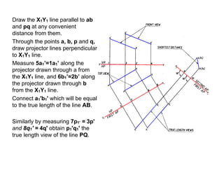 Draw the X1Y1 line parallel to ab
and pq at any convenient
distance from them.
Through the points a, b, p and q,
draw projector lines perpendicular
to X1Y1 line.
Measure 5a1’=1a1’ along the
projector drawn through a from
the X1Y1 line, and 6b1’=2b’ along
the projector drawn through b
from the X1Y1 line.
Connect a1'b1' which will be equal
to the true length of the line AB.
Similarly by measuring 7p1' = 3p'
and 8q1' = 4q' obtain p1'q1' the
true length view of the line PQ.
 