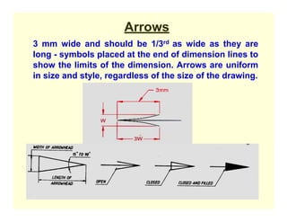 8/11/2011 33
Arrows
3 mm wide and should be 1/3rd as wide as they are
long - symbols placed at the end of dimension lines to
show the limits of the dimension. Arrows are uniform
in size and style, regardless of the size of the drawing.
 