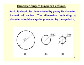 011
Dimensioning of Circular Features
A circle should be dimensioned by giving its diameter
instead of radius. The dimension indicating a
diameter should always be preceded by the symbol ø,
37
 