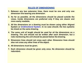 RULES OF DIMENSIONING
1. Between any two extension lines, there must be one and only one
dimension line bearing one dimension.
2. As far as possible, all the dimensions should be placed outside the
views. Inside dimensions are preferred only if they are clearer and
more easily readable.
3. All the dimensions on a drawing must be shown using either Aligned
System or Unidirectional System. In no case should, the two systems
be mixed on the same drawing.
4. The same unit of length should be used for all the dimensions on a
drawing. The unit should not be written after each dimension, but a
note mentioning the unit should be placed below the drawing.
5. Dimension lines should not cross each other. Dimension lines should
also not cross any other lines of the object.
6. All dimensions must be given.
7. Each dimension should be given only once. No dimension should be
redundant.
 