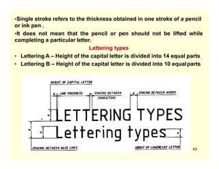 8/11/2011
•Single stroke refers to the thickness obtained in one stroke of a pencil
or ink pen .
•It does not mean that the pencil or pen should not be lifted while
completing a particular letter.
Lettering types
• Lettering A – Height of the capital letter is divided into 14 equal parts
• Lettering B – Height of the capital letter is divided into 10 equalparts
43
 