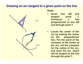 Drawing an arc tangent to a given point on the line
Steps
• Given line AB and
tangent point T.
Construct a line
perpendicular to line AB
and through point T.
• Locate the center of the
arc by making the radius
on the perpendicular
line. Put the point of the
compass at the center of
the arc, set the compass
for the radius of the arc,
and draw the arc which
will be tangent to the line
through the point T.
 