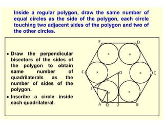 Inside a regular polygon, draw the same number of
equal circles as the side of the polygon, each circle
touching two adjacent sides of the polygon and two of
the other circles.
● Draw the perpendicular
bisectors of the sides of
the polygon to obtain
same number of
quadrilaterals as the
number of sides of the
polygon.
● Inscribe a circle inside
each quadrilateral.
 