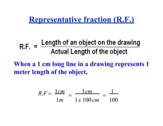 Representative fraction (R.F.)
When a 1 cm long line in a drawing represents 1
meter length of the object,
R.F  1cm

1cm

1
1m 1x 100cm 100
 