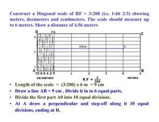 Construct a Diagonal scale of RF = 3:200 (i.e. 1:66 2/3) showing
meters, decimeters and centimeters. The scale should measure up
to 6 meters. Show a distance of 4.56 meters
• Length of the scale = (3/200) x 6 m = 9 cm
• Draw a line AB = 9 cm . Divide it in to 6 equal parts.
• Divide the first part A0 into 10 equal divisions.
• At A draw a perpendicular and step-off along it 10 equal
divisions, ending at D.
 