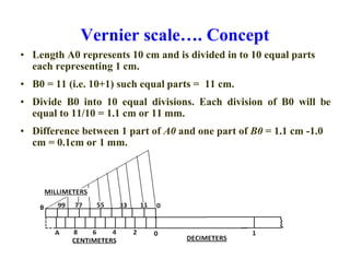 Vernier scale…. Concept
• Length A0 represents 10 cm and is divided in to 10 equal parts
each representing 1 cm.
• B0 = 11 (i.e. 10+1) such equal parts = 11 cm.
• Divide B0 into 10 equal divisions. Each division of B0 will be
equal to 11/10 = 1.1 cm or 11 mm.
• Difference between 1 part of A0 and one part of B0 = 1.1 cm -1.0
cm = 0.1cm or 1 mm.
 