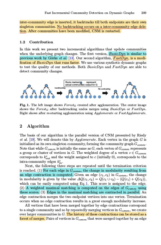 Fast Incremental Community Detection on Dynamic Graphs 209
inter-community edge is inserted, it backtracks till both endpoints are their own
singleton communities. No backtracking occurs on a inter-community edge dele-
tion. After communities have been modiﬁed, CNM is restarted.
1.2 Contribution
In this work we present two incremental algorithms that update communities
when the underlying graph changes. The ﬁrst version, BasicDyn is similar to
previous work by Görke et al. [13]. Our second algorithm, FastDyn, is a modi-
ﬁcation of BasicDyn that runs faster. We use various synthetic dynamic graphs
to test the quality of our methods. Both BasicDyn and FastDyn are able to
detect community changes.
backtracking Re-contracting
Roots marked represent
actual communities output for G
Fig. 1. The left image shows ForestG created after agglomeration. The center image
shows the ForestG after backtracking undos merges using BasicDyn or FastDyn.
Right shows after re-starting agglomeration using Agglomerate or FastAgglomerate.
2 Algorithm
The basis of our algorithm is the parallel version of CNM presented by Riedy
et al. [19]. We will denote this by Agglomerate. Each vertex in the graph G is
initialized as its own singleton community, forming the community graph Gcomm.
Note that while Gcomm is initially the same as G, each vertex of Gcomm represents
a group or cluster of vertices in G. The weighted degree of a vertex c ∈ Gcomm
corresponds to kc
out and the weight assigned to c (initially 0), corresponds to the
intra-community edges kc
in.
Next, the following three steps are repeated until the termination criterion
is reached. (1) For each edge in Gcomm, the change in modularity resulting from
an edge contraction is computed. Given an edge (c1, c2) in Gcomm, the change
in modularity is given by the value ΔQ(c1, c2) = Q(c1 ∪ c2) − (Q(c1) + Q(c2)),
which can be easily computed using Eq. 1. This score is assigned to the edge.
(2) A weighted maximal matching is computed on the edges of Gcomm using
these scores. (3) Edges in the maximal matching are contracted in parallel. An
edge contraction merges the two endpoint vertices into one vertex. Termination
occurs when no edge contraction results in a great enough modularity increase.
All vertices that have been merged together by edge contractions correspond
to a single community and so by repeatedly merging vertices in Gcomm, we create
ever larger communities in G. The history of these contractions can be stored as a
forest of merges. Pairs of vertices in Gcomm that were merged together by an edge
 