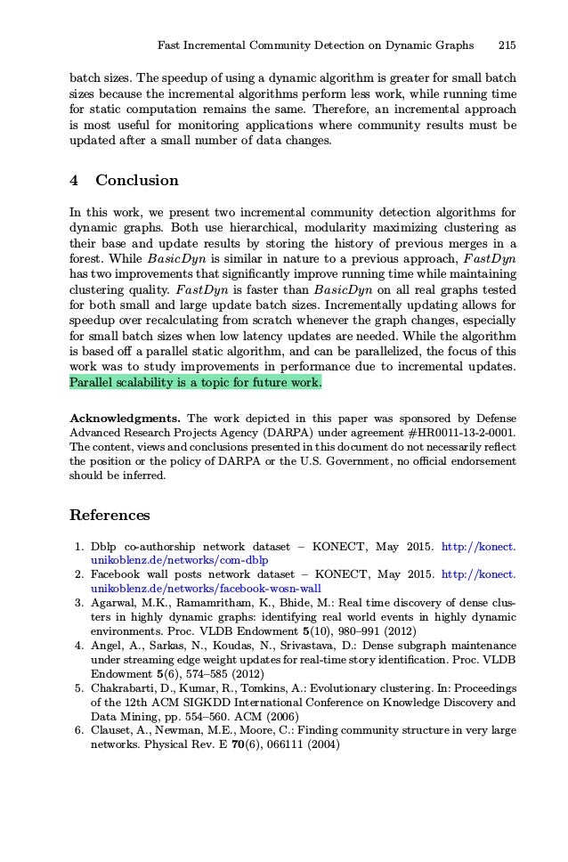 Fast Incremental Community Detection on Dynamic Graphs 215
batch sizes. The speedup of using a dynamic algorithm is greater for small batch
sizes because the incremental algorithms perform less work, while running time
for static computation remains the same. Therefore, an incremental approach
is most useful for monitoring applications where community results must be
updated after a small number of data changes.
4 Conclusion
In this work, we present two incremental community detection algorithms for
dynamic graphs. Both use hierarchical, modularity maximizing clustering as
their base and update results by storing the history of previous merges in a
forest. While BasicDyn is similar in nature to a previous approach, FastDyn
has two improvements that signiﬁcantly improve running time while maintaining
clustering quality. FastDyn is faster than BasicDyn on all real graphs tested
for both small and large update batch sizes. Incrementally updating allows for
speedup over recalculating from scratch whenever the graph changes, especially
for small batch sizes when low latency updates are needed. While the algorithm
is based oﬀ a parallel static algorithm, and can be parallelized, the focus of this
work was to study improvements in performance due to incremental updates.
Parallel scalability is a topic for future work.
Acknowledgments. The work depicted in this paper was sponsored by Defense
Advanced Research Projects Agency (DARPA) under agreement #HR0011-13-2-0001.
The content, views and conclusions presented in this document do not necessarily reﬂect
the position or the policy of DARPA or the U.S. Government, no oﬃcial endorsement
should be inferred.
References
1. Dblp co-authorship network dataset – KONECT, May 2015. http://konect.
unikoblenz.de/networks/com-dblp
2. Facebook wall posts network dataset – KONECT, May 2015. http://konect.
unikoblenz.de/networks/facebook-wosn-wall
3. Agarwal, M.K., Ramamritham, K., Bhide, M.: Real time discovery of dense clus-
ters in highly dynamic graphs: identifying real world events in highly dynamic
environments. Proc. VLDB Endowment 5(10), 980–991 (2012)
4. Angel, A., Sarkas, N., Koudas, N., Srivastava, D.: Dense subgraph maintenance
under streaming edge weight updates for real-time story identiﬁcation. Proc. VLDB
Endowment 5(6), 574–585 (2012)
5. Chakrabarti, D., Kumar, R., Tomkins, A.: Evolutionary clustering. In: Proceedings
of the 12th ACM SIGKDD International Conference on Knowledge Discovery and
Data Mining, pp. 554–560. ACM (2006)
6. Clauset, A., Newman, M.E., Moore, C.: Finding community structure in very large
networks. Physical Rev. E 70(6), 066111 (2004)
 