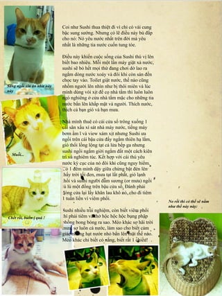 Coi như Sushi thua thiệt đi vì chỉ có vài cung
                           bậc sung sướng. Nhưng có lẽ điều này bù đắp
                           cho nó: Nó yêu nước nhất trên đời mà yêu
                           nhất là những tia nước cuốn tung tóe.

                           Điều này khiến cuộc sống của Sushi thú vị lên
                           biết bao nhiêu. Mỗi một lần máy giặt xả nước,
                           sushi sẽ bỏ hết mọi thứ đang chơi dở lao ra
                           ngắm dòng nước xoáy và đôi khi còn sán đến
                           chọc tay vào. Toilet giật nước, thế nào cũng
Sáng ngồi xin ăn như này   nhồm người lên nhìn như bị thôi miên và lúc
này                        mình dùng vòi xịt để cọ nhà tắm thì luôn luôn
                           ngó nghiêng ở cửa nhà tắm mặc cho những tia
                           nước bắn lên khắp mặt và người. Thích nước,
                           thích cả bạn gió và bạn mưa.

                           Nhà mình thuê có cái cửa sổ trông xuống 1
                           cái sân xấu xí sát nhà máy nước, tiếng máy
                           bơm ầm ĩ và view xám xịt nhưng Sushi ưa
                           ngồi trên cái bậu cửa đấy ngắm thiên hạ lắm,
                           gió thổi lồng lộng tạt cả lửa bếp ga nhưng
                           sushi ngồi ngắm giời ngắm đất một cách kiên
  Muỗi...
                           trì và nghiêm túc. Kết hợp với cái thú yêu
                           nước kỳ cục của nó đôi khi cũng nguy hiểm.
                           Có 1 đêm mình dậy giữa chừng bật đèn lên
                           thấy trời tối đen, mưa tạt lất phất, gió lạnh
                           thổi và sushi người đẫm sương (or mưa) ngồi
                           lù lù một đống trên bậu cửa sổ. Đành phải
                           đóng cửa lại lấy khăn lau khô nó, cho đi tiêm
                           1 tuần liền vì viêm phổi.
                                                                            No rồi thì có thể sẽ nằm
                                                                            như thế này này:
                           Sushi nhiều trải nghiệm, còn biết viêm phổi
Chết rồi, buồn ị quá !     thì phải tiêm và thở hộc hộc hộc bụng phập
                           phồng bong bóng ra sao. Mèo khác sợ hãi trời
                           mưa, sợ luôn cả nước, làm sao cho biết cảm
                           giác những hạt nước nhỏ bắn lên mặt thế nào.
                           Mèo khác chỉ biết có nắng, biết rất 1 chiều!
 
