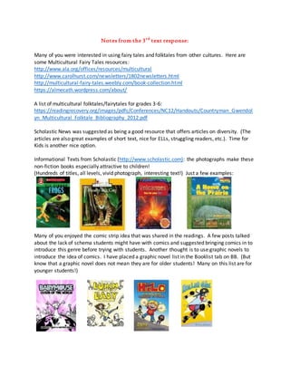 Notes from the 3rd
text response:
Many of you were interested in using fairy tales and folktales from other cultures. Here are
some Multicultural Fairy Tales resources:
http://www.ala.org/offices/resources/multicultural
http://www.carolhurst.com/newsletters/1802newsletters.html
http://multicultural-fairy-tales.weebly.com/book-collection.html
https://almecath.wordpress.com/about/
A list of multicultural folktales/fairytales for grades 3-6:
https://readingrecovery.org/images/pdfs/Conferences/NC12/Handouts/Countryman_Gwendol
yn_Multicultural_Folktale_Bibliography_2012.pdf
Scholastic News was suggested as being a good resource that offers articles on diversity. (The
articles are also great examples of short text, nice for ELLs, struggling readers, etc.). Time for
Kids is another nice option.
Informational Texts from Scholastic (http://www.scholastic.com): the photographs make these
non-fiction books especially attractive to children!
(Hundreds of titles, all levels, vivid photograph, interesting text!) Just a few examples:
Many of you enjoyed the comic strip idea that was shared in the readings. A few posts talked
about the lack of schema students might have with comics and suggested bringing comics in to
introduce this genre before trying with students. Another thought is to use graphic novels to
introduce the idea of comics. I have placed a graphic novel list in the Booklist tab on BB. (But
know that a graphic novel does not mean they are for older students! Many on this list are for
younger students!)
 
