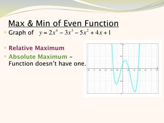 Max & Min of Even Function
 Graph of y = 2x 4 − 3x 3 − 5x 2 + 4x + 1

 Relative Maximum
 Absolute Maximum -
 Function doesn’t have one.




                                             9
 