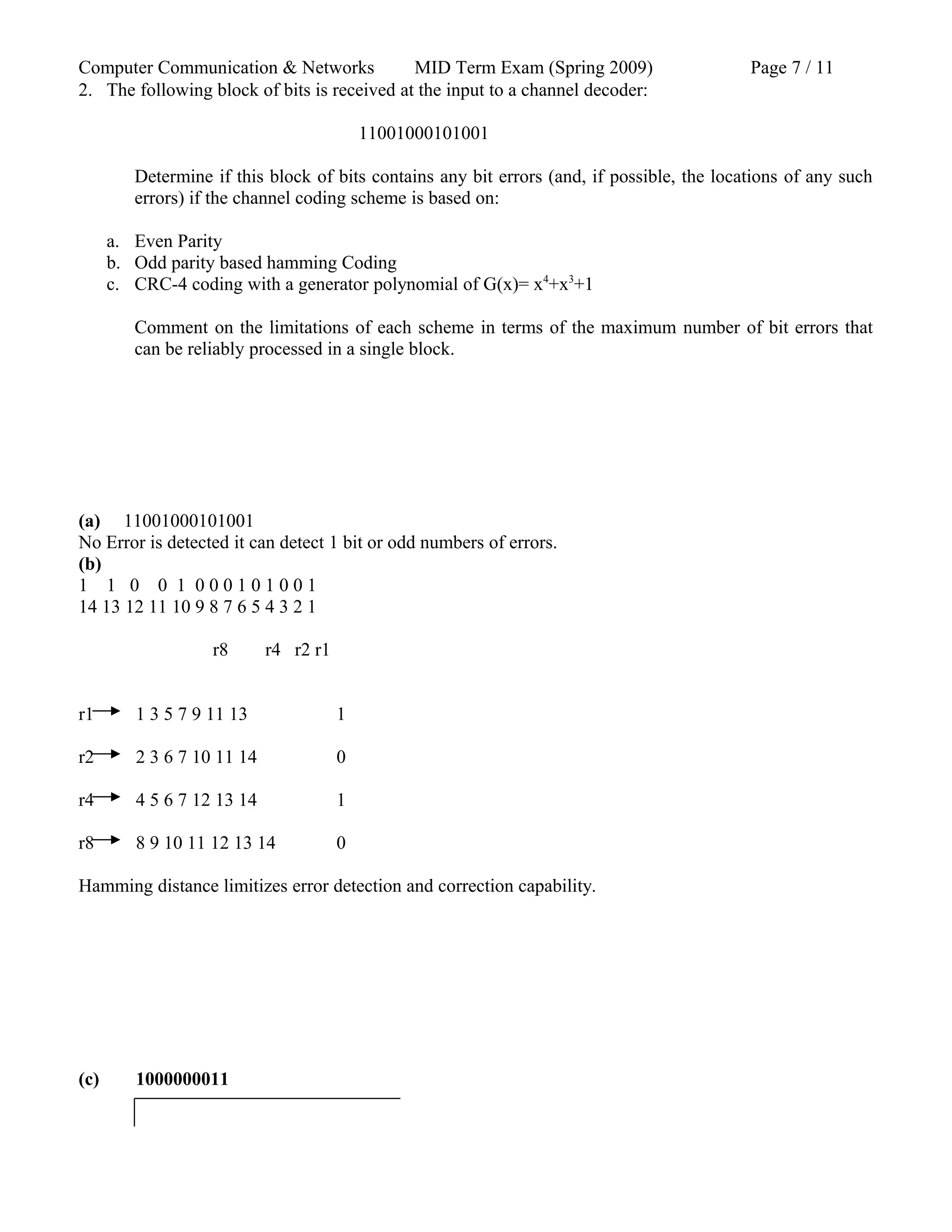 Computer Communication & Networks MID Term Exam (Spring 2009) Page 7 / 11
2. The following block of bits is received at the input to a channel decoder:
11001000101001
Determine if this block of bits contains any bit errors (and, if possible, the locations of any such
errors) if the channel coding scheme is based on:
a. Even Parity
b. Odd parity based hamming Coding
c. CRC-4 coding with a generator polynomial of G(x)= x4
+x3
+1
Comment on the limitations of each scheme in terms of the maximum number of bit errors that
can be reliably processed in a single block.
(a) 11001000101001
No Error is detected it can detect 1 bit or odd numbers of errors.
(b)
1 1 0 0 1 0 0 0 1 0 1 0 0 1
14 13 12 11 10 9 8 7 6 5 4 3 2 1
r8 r4 r2 r1
r1 1 3 5 7 9 11 13 1
r2 2 3 6 7 10 11 14 0
r4 4 5 6 7 12 13 14 1
r8 8 9 10 11 12 13 14 0
Hamming distance limitizes error detection and correction capability.
(c) 1000000011
 