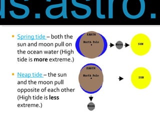 Spring tide  – both the sun and moon pull on the ocean water (High tide is  more  extreme.) Neap tide  – the sun and the moon pull opposite of each other (High tide is  less  extreme.) http://curious.astro.cornell.edu/question.php?number=143 
