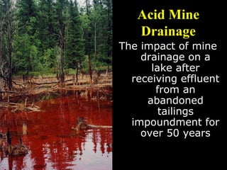 Acid MineAcid Mine
DrainageDrainage
The impact of mine
drainage on a
lake after
receiving effluent
from an
abandoned
tailings
impoundment for
over 50 years
 