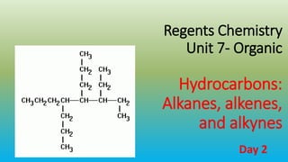Regents Chemistry
Unit 7- Organic
Hydrocarbons:
Alkanes, alkenes,
and alkynes
Day 2
 