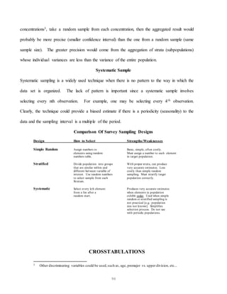 96
concentrations3, take a random sample from each concentration, then the aggregated result would
probably be more precise (smaller confidence interval) than the one from a random sample (same
sample size). The greater precision would come from the aggregation of strata (subpopulations)
whose individual variances are less than the variance of the entire population.
Systematic Sample
Systematic sampling is a widely used technique when there is no pattern to the way in which the
data set is organized. The lack of pattern is important since a systematic sample involves
selecting every nth observation. For example, one may be selecting every 4th observation.
Clearly, the technique could provide a biased estimate if there is a periodicity (seasonality) to the
data and the sampling interval is a multiple of the period.
Comparison Of Survey Sampling Designs
Design How to Select Strengths/Weaknesses
Simple Random Assign numbers to Basic, simple, often costly.
elements using random Must assign a number to each element
numbers table. in target population.
Stratified Divide population into groups With proper strata, can produce
that are similar within and very accurate estimates. Less
different between variable of costly than simple random
interest. Use random numbers sampling. Must stratify target
to select sample from each population correctly.
Stratum.
Systematic Select every kth element Produces very accurate estimates
from a list after a when elements in population
random start. exhibit order. Used when simple
random or stratified sampling is
not practical [e.g.: population
size not known]. Simplifies
selection process. Do not use
with periodic populations.
3 Other discriminating variables could be used,such as, age, premajor vs.upper division, etc...
CROSSTABULATIONS
 