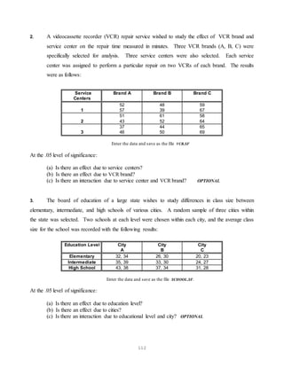 112
2. A videocassette recorder (VCR) repair service wished to study the effect of VCR brand and
service center on the repair time measured in minutes. Three VCR brands (A, B, C) were
specifically selected for analysis. Three service centers were also selected. Each service
center was assigned to perform a particular repair on two VCRs of each brand. The results
were as follows:
Service
Centers
Brand A Brand B Brand C
1
52
57
48
39
59
67
2
51
43
61
52
58
64
3
37
46
44
50
65
69
Enter the data and save as the file VCR.SF
At the .05 level of significance:
(a) Is there an effect due to service centers?
(b) Is there an effect due to VCR brand?
(c) Is there an interaction due to service center and VCR brand? OPTIONAL
3. The board of education of a large state wishes to study differences in class size between
elementary, intermediate, and high schools of various cities. A random sample of three cities within
the state was selected. Two schools at each level were chosen within each city, and the average class
size for the school was recorded with the following results:
Education Level City
A
City
B
City
C
Elementary 32, 34 26, 30 20, 23
Intermediate 35, 39 33, 30 24, 27
High School 43, 38 37, 34 31, 28
Enter the data and save as the file SCHOOL.SF.
At the .05 level of significance:
(a) Is there an effect due to education level?
(b) Is there an effect due to cities?
(c) Is there an interaction due to educational level and city? OPTIONAL
 
