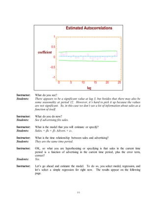 86
0 5 10 15 20 25
lag
-1
-0.5
0
0.5
1
coefficient
Estimated Autocorrelations
Instructor: What do you see?
Students: There appears to be a significant value at lag 3, but besides that there may also be
some seasonality at period 12. However, it’s hard to pick it up because the values
are not significant. So, in this case we don’t see a lot of information about sales as a
function of itself.
Instructor: What do you do now?
Students: See if advertising fits sales.
Instructor: What is the model that you will estimate or specify?
Students: Salest = 0 + 1 Advertt + 1.
Instructor: What is the time relationship between sales and advertising?
Students: They are the same time period.
Instructor: OK, so what you are hypothesizing or specifying is that sales in the current time
period is a function of advertising in the current time period, plus the error term,
correct?
Students: Yes.
Instructor: Let’s go ahead and estimate the model. To do so, you select model, regression, and
let’s select a simple regression for right now. The results appear on the following
page.
 