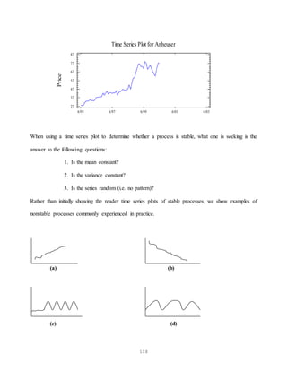 118
Time Series Plot for Anheuser
Price
6/95 6/97 6/99 6/01 6/03
27
37
47
57
67
77
87
When using a time series plot to determine whether a process is stable, what one is seeking is the
answer to the following questions:
1. Is the mean constant?
2. Is the variance constant?
3. Is the series random (i.e. no pattern)?
Rather than initially showing the reader time series plots of stable processes, we show examples of
nonstable processes commonly experienced in practice.
(a) (b)
(c) (d)
 