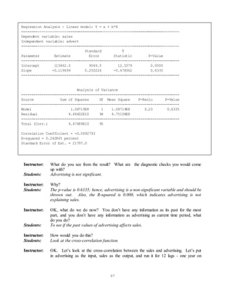 87
Instructor: What do you see from the result? What are the diagnostic checks you would come
up with?
Students: Advertising is not significant.
Instructor: Why?
Students: The p-value is 0.6335; hence, advertising is a non-significant variable and should be
thrown out. Also, the R-squared is 0.000, which indicates advertising is not
explaining sales.
Instructor: OK, what do we do now? You don’t have any information as its past for the most
part, and you don’t have any information as advertising as current time period, what
do you do?
Students: To see if the past values of advertising affects sales.
Instructor: How would you do this?
Students: Look at the cross-correlation function.
Instructor: OK. Let’s look at the cross-correlation between the sales and advertising. Let’s put
in advertising as the input, sales as the output, and run it for 12 lags - one year on
Regression Analysis - Linear model: Y = a + b*X
-----------------------------------------------------------------------------
Dependent variable: sales
Independent variable: advert
-----------------------------------------------------------------------------
Standard T
Parameter Estimate Error Statistic P-Value
-----------------------------------------------------------------------------
Intercept 113462.0 9049.5 12.5379 0.0000
Slope -0.119699 0.250226 -0.478362 0.6335
-----------------------------------------------------------------------------
Analysis of Variance
-----------------------------------------------------------------------------
Source Sum of Squares Df Mean Square F-Ratio P-Value
-----------------------------------------------------------------------------
Model 1.08719E8 1 1.08719E8 0.23 0.6335
Residual 4.46602E10 94 4.75108E8
-----------------------------------------------------------------------------
Total (Corr.) 4.47689E10 95
Correlation Coefficient = -0.0492793
R-squared = 0.242845 percent
Standard Error of Est. = 21797.0
 