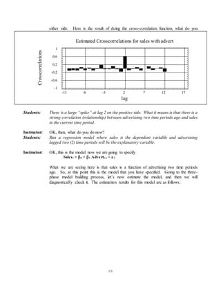88
either side. Here is the result of doing the cross-correlation function, what do you
see?
Students: There is a large “spike” at lag 2 on the positive side. What it means is that there is a
strong correlation (relationship) between advertising two time periods ago and sales
in the current time period.
Instructor: OK, then, what do you do now?
Students: Run a regression model where sales is the dependent variable and advertising
lagged two (2) time periods will be the explanatory variable.
Instructor: OK, this is the model now we are going to specify
Salest = 0 + 1 Advertt-2 +  1
What we are seeing here is that sales is a function of advertising two time periods
ago. So, at this point this is the model that you have specified. Going to the three-
phase model building process, let’s now estimate the model, and then we will
diagnostically check it. The estimation results for this model are as follows:
Estimated Crosscorrelations for sales with advert
lag
Crosscorrelations
-13 -8 -3 2 7 12 17
-1
-0.6
-0.2
0.2
0.6
1
 