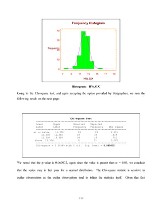 134
7 9 11 13 15 17 19
HW.SIX
0
10
20
30
40
frequency
Frequency Histogram
Histogram: HW.SIX
Going to the Chi-square test, and again accepting the option provided by Statgraphics, we note the
following result on the next page:
Chi-square Test
---------------------------------------------------------------
Lower Upper Observed Expected
Limit Limit Frequency Frequency Chi-square
---------------------------------------------------------------
at or below 11.300 18 23 1.111
11.300 12.300 39 35 .438
12.300 13.300 34 29 .752
above 13.300 9 13 1.005
---------------------------------------------------------------
Chi-square = 3.30589 with 1 d.f. Sig. level = 0.069032
We noted that the p-value is 0.069032, again since the value is greater than  = 0.05, we conclude
that the series may in fact pass for a normal distribution. The Chi-square statistic is sensitive to
outlier observations as the outlier observations tend to inflate the statistics itself. Given that fact
 